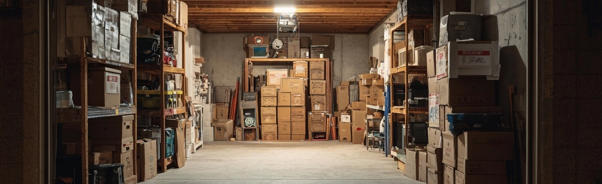 Clean garage space with organized boxes after a sensitive cleanout.