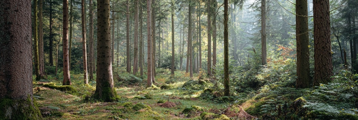 A calm forest with soft light and open space that reflects natural balance.